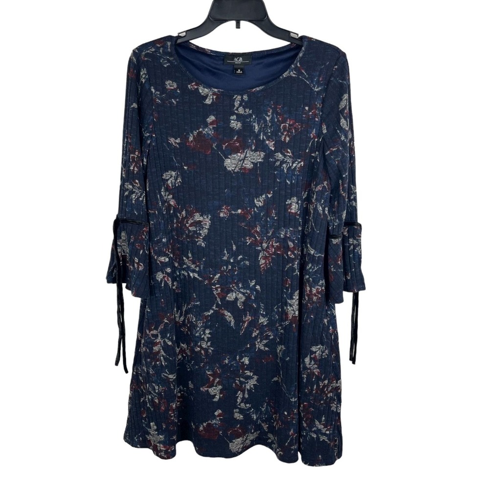 AGB Floral Rib Knit Shift Dress Bell Sleeve Velvet Tie Boho Size M